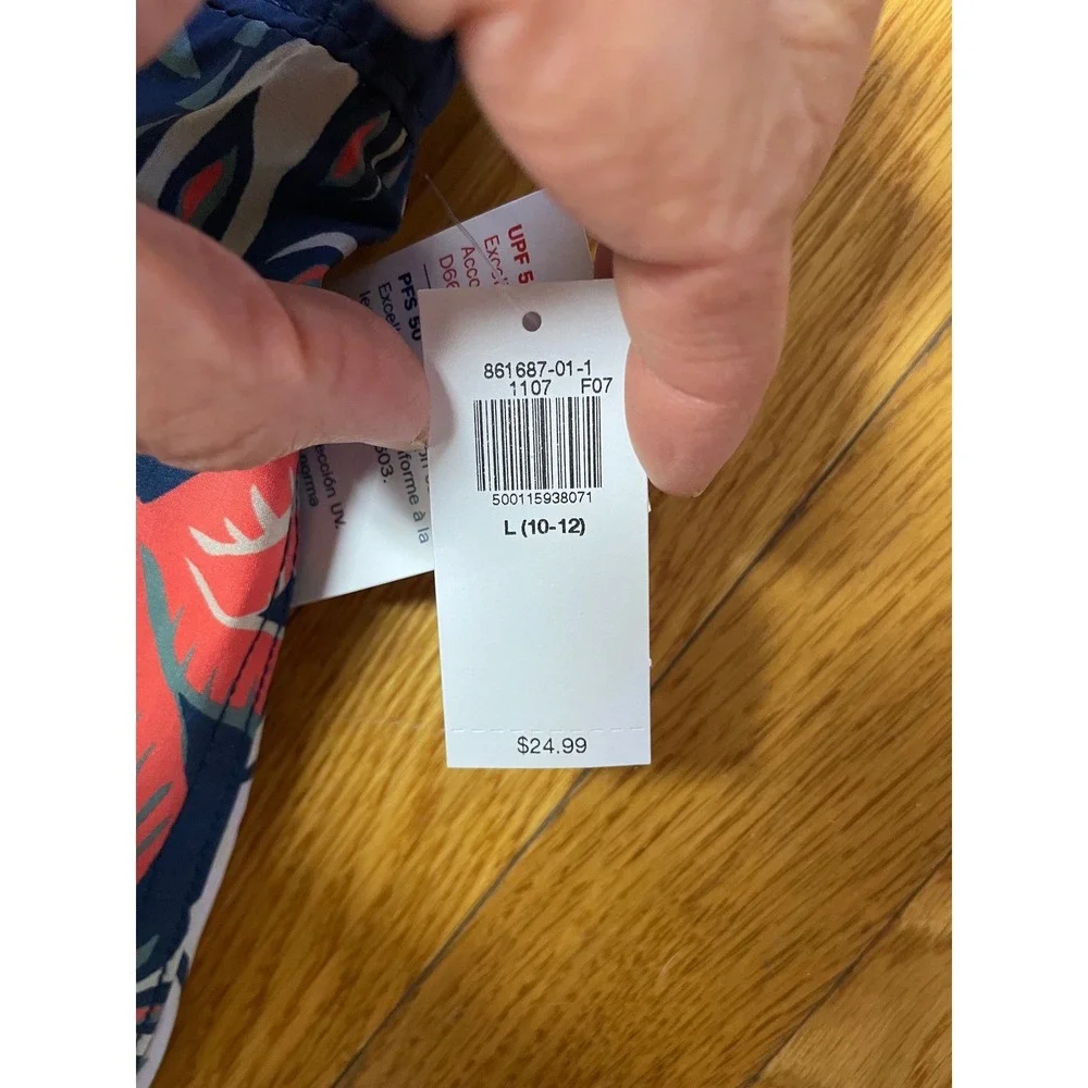 Old Navy‎ Boys Tropical Palm Swim Trunks UPF 50 Navy /Coral / tan L 10-12